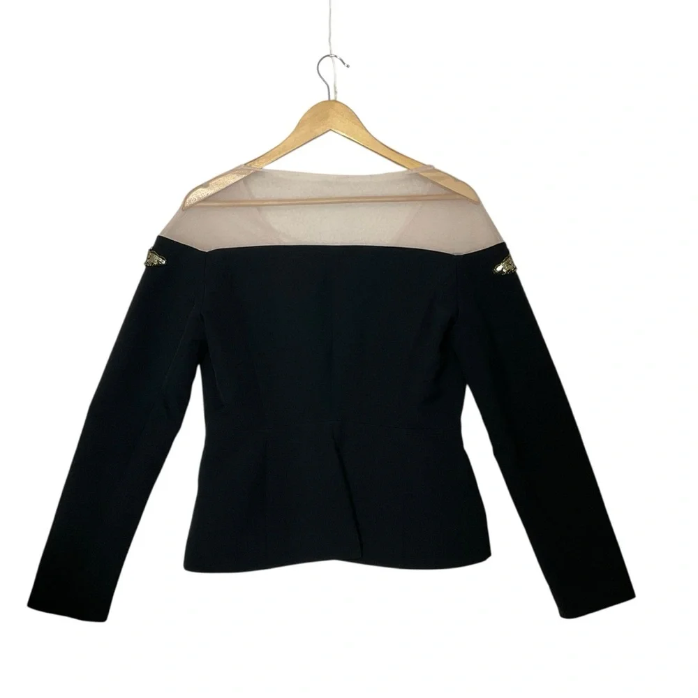 BOSTON PROPER sz 8 Jacket Blazer Gold Sequin Detail Sheer Shoulder V Neck Black